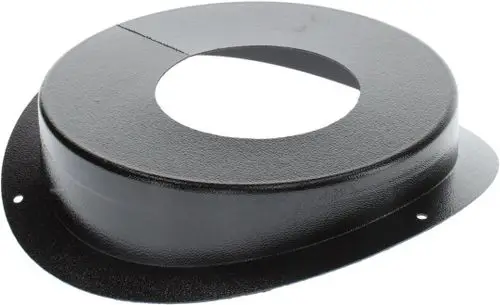 Schwarze Metallverkleidung mit runder Öffnung und Löchern zur Befestigung. Bestandteil eines Bosch-Produkts, wahrscheinlich für eine technische Anwendung.